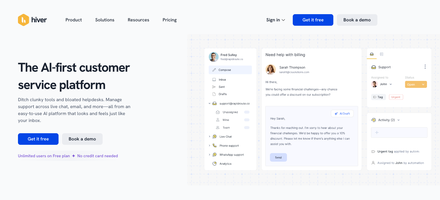 ai-first customer service platform Hiver homepage showing the product interface