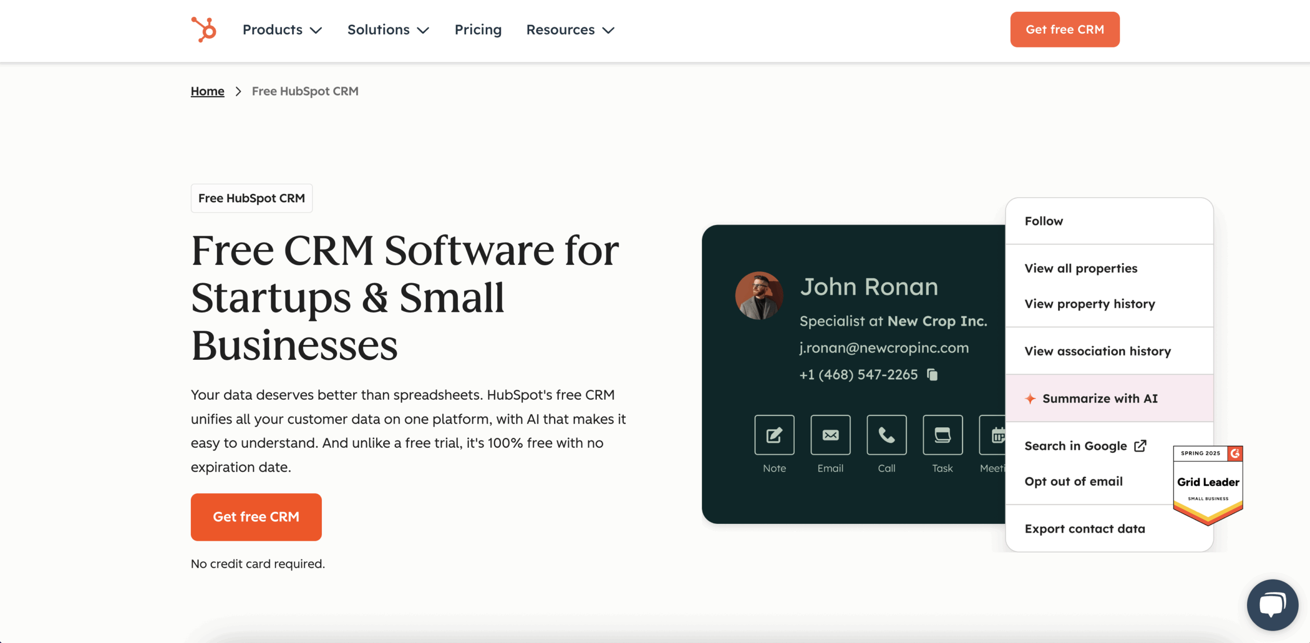screenshot of hubspot crm website homepage
