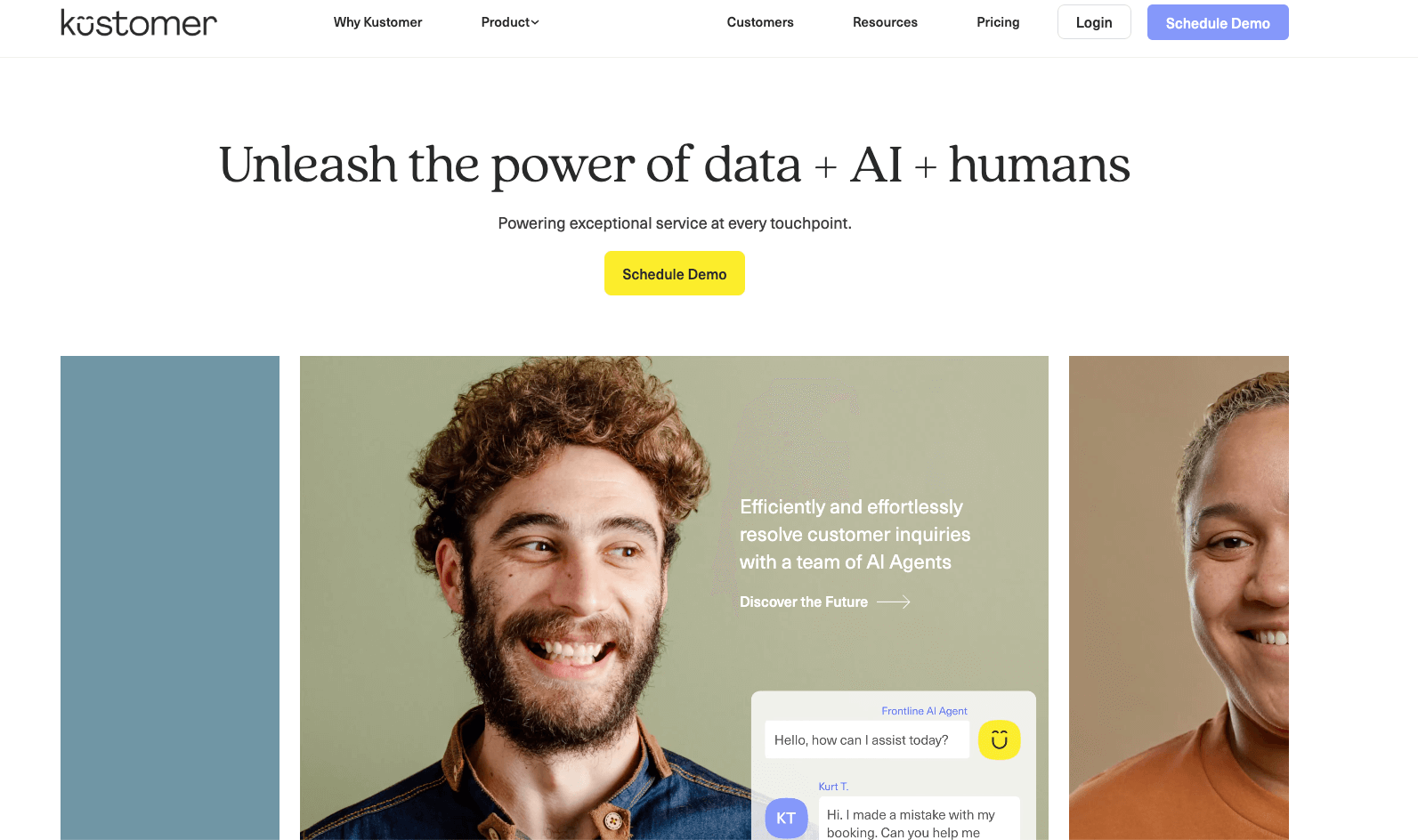 kustomer homepage with the words unleash the power of data plus AI plus humans