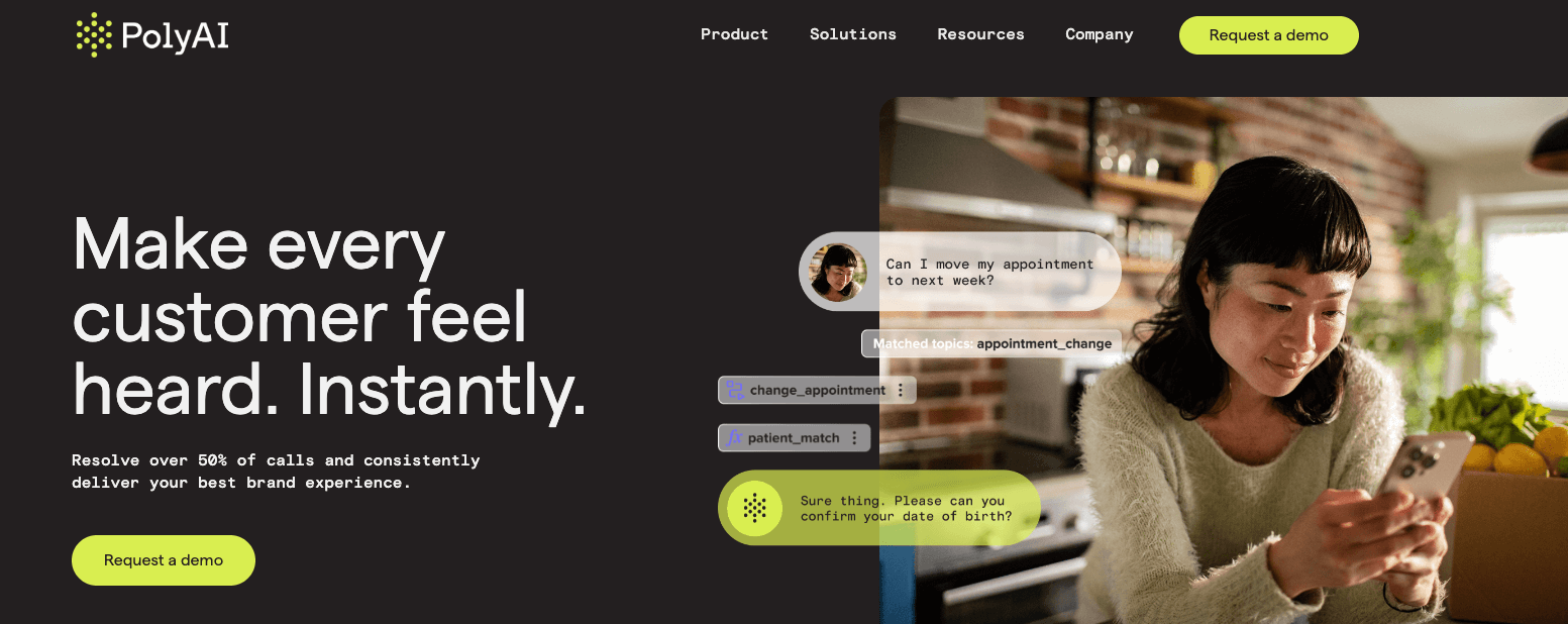 poly ai website homepage with the words make every customer feel heard, instantly