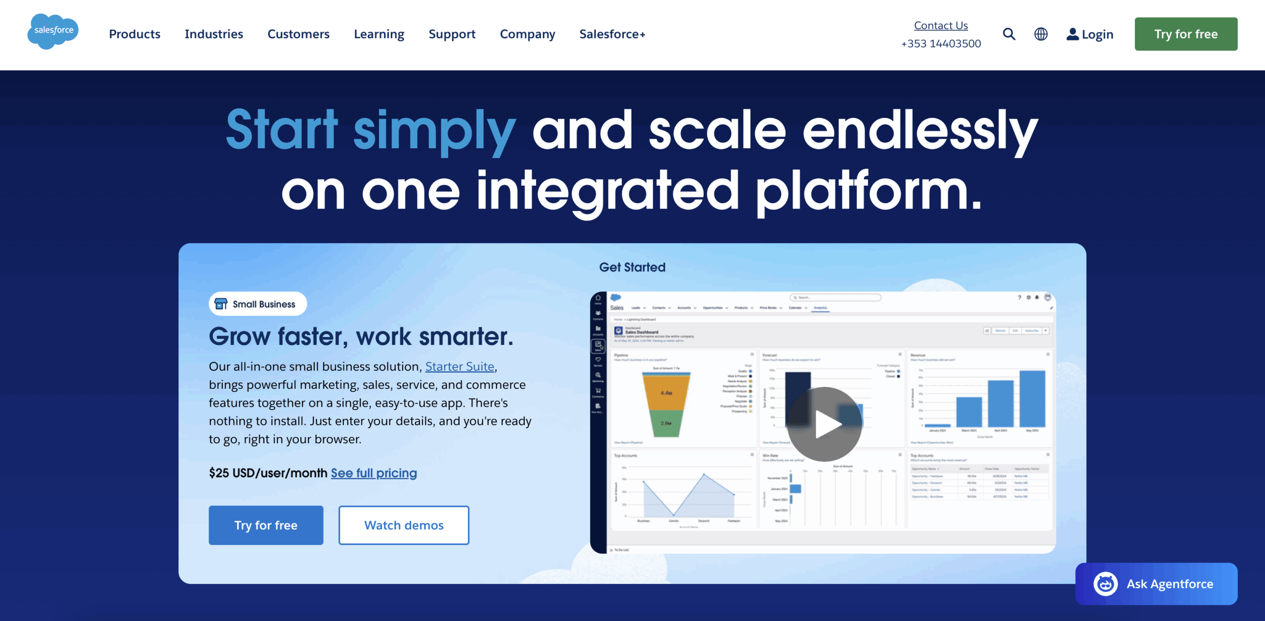 screenshot of salesforce website homepage with the words start simply and scale endlessly on one integrated platform