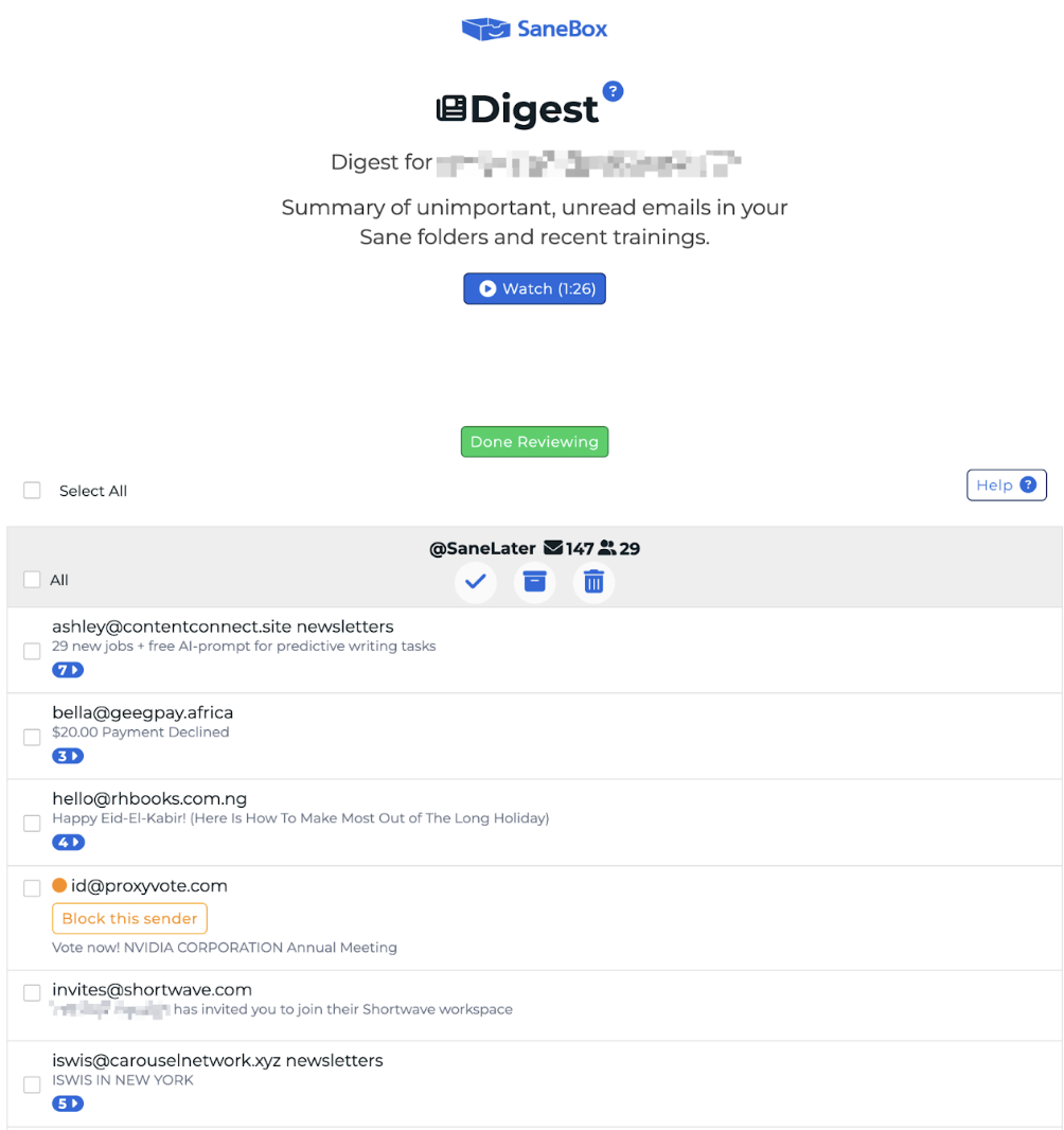 digest sent by sanebox daily listing unimportant, unread emails in users' sane folders
