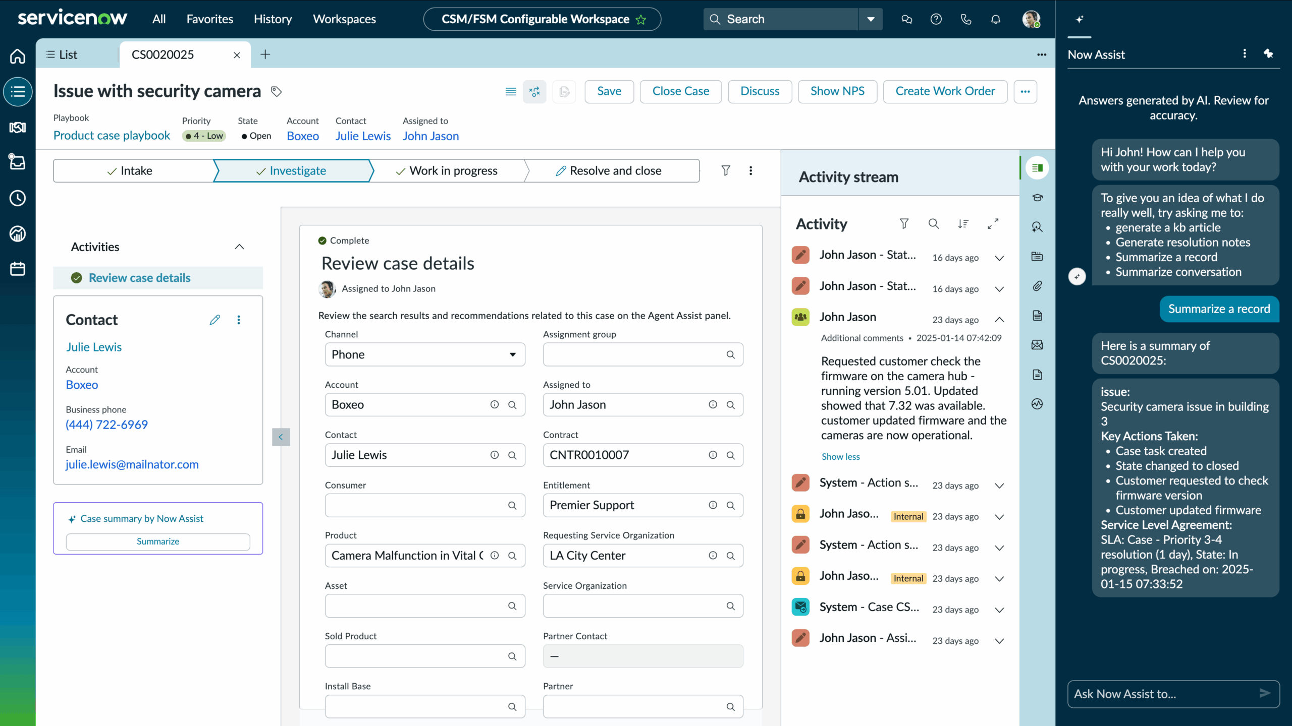 servicenow CSM product interface showing AI-powered customer support