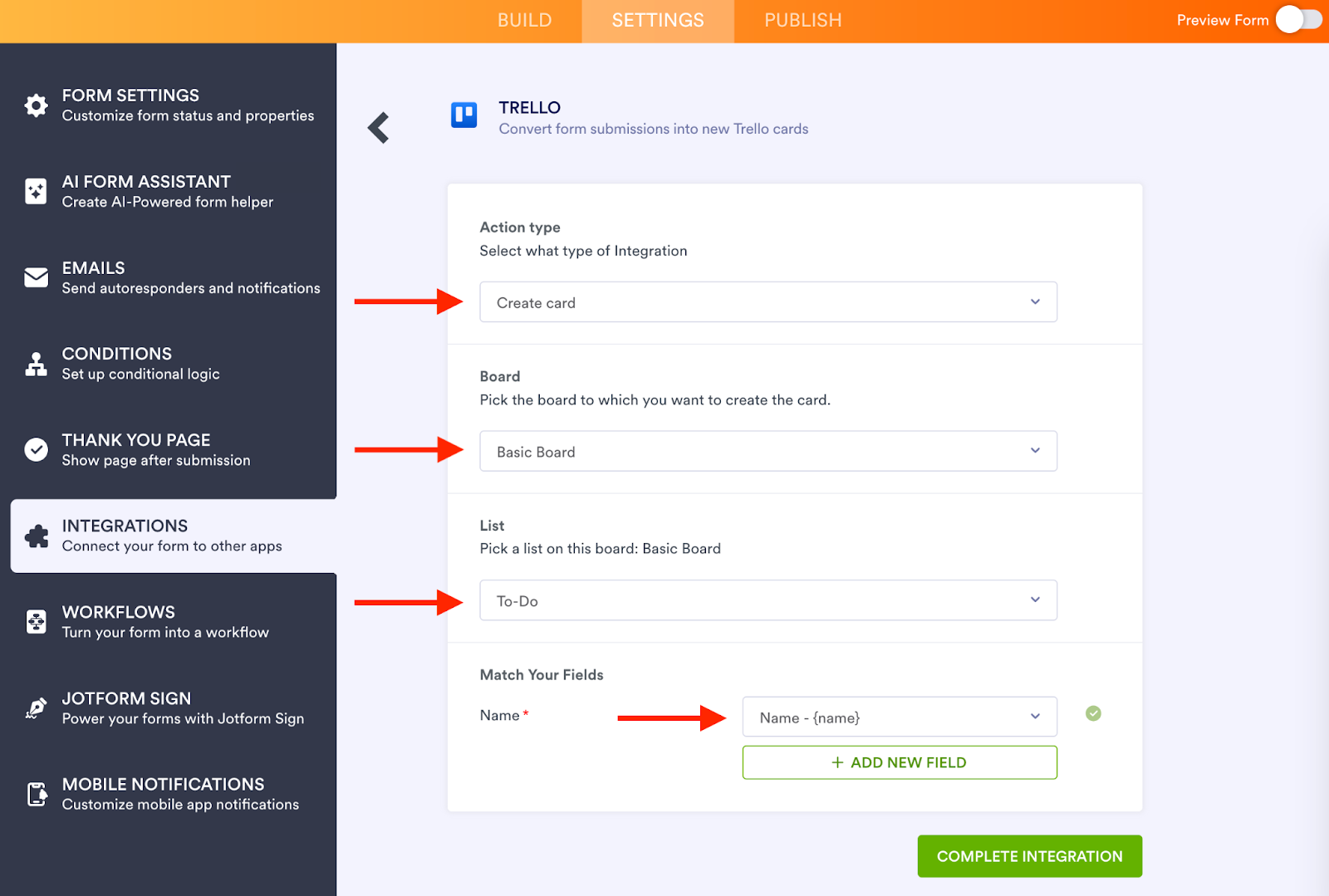 Jotform interface with arrows pointing to the dropdown menus where the user can select the type of integration, the board to which to create the card, the list on the board, and the name to match fields to