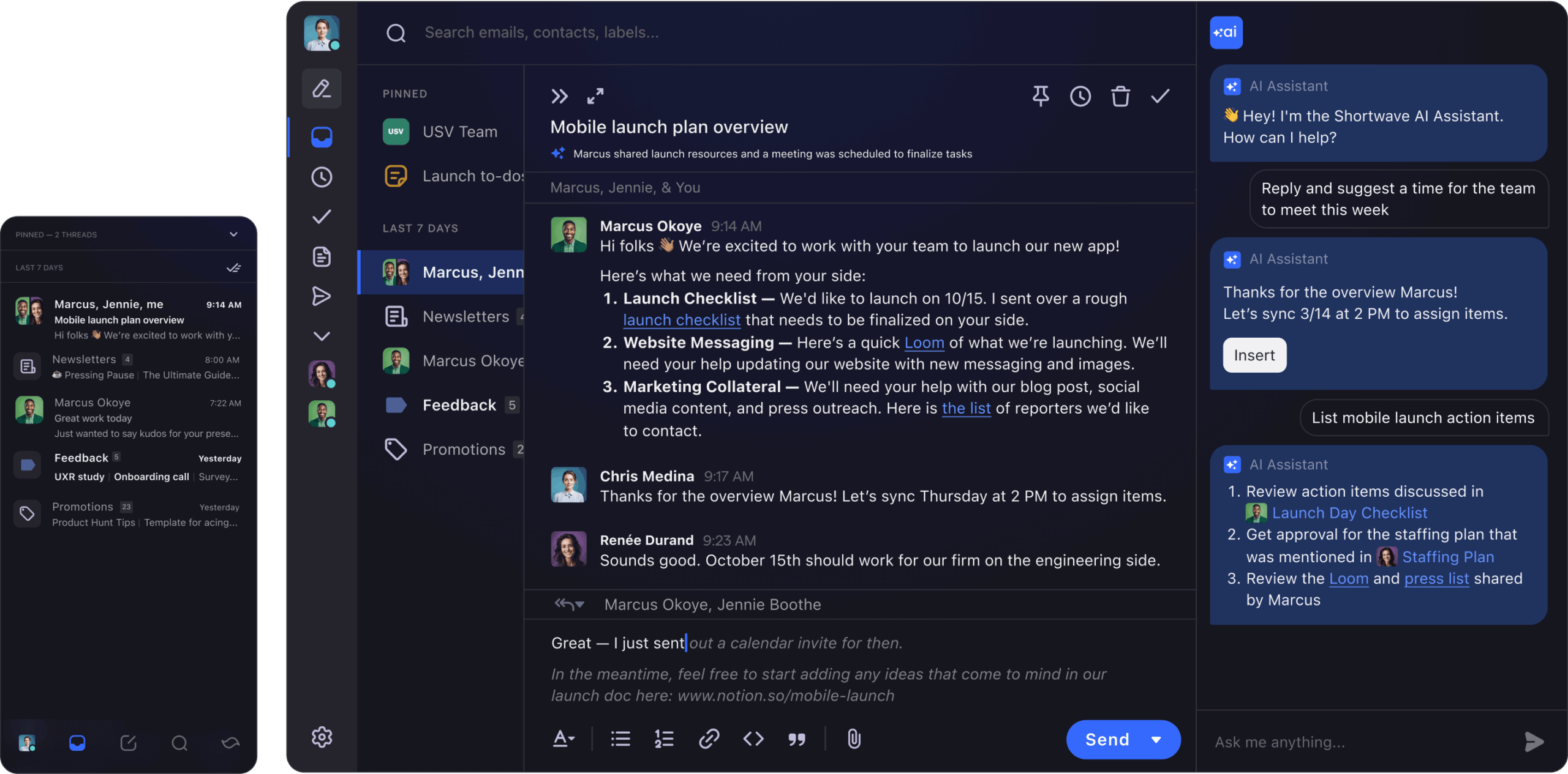 Product interface of Shortwave AI assistant setting up a meeting