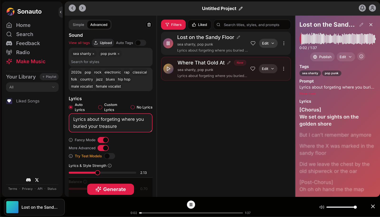Sonauto interface showing an AI-generated pop-punk sea shanty song with options to add auto or custom lyrics