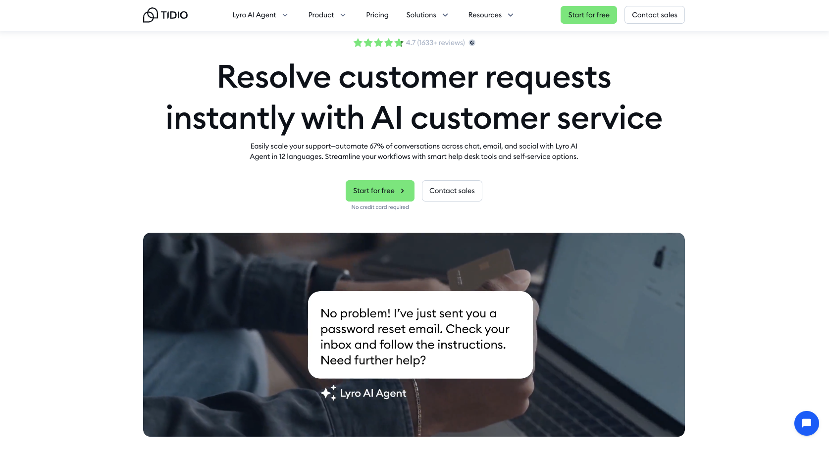 image of tidio homepage with the words resolve customer requests instantly with AI customer service