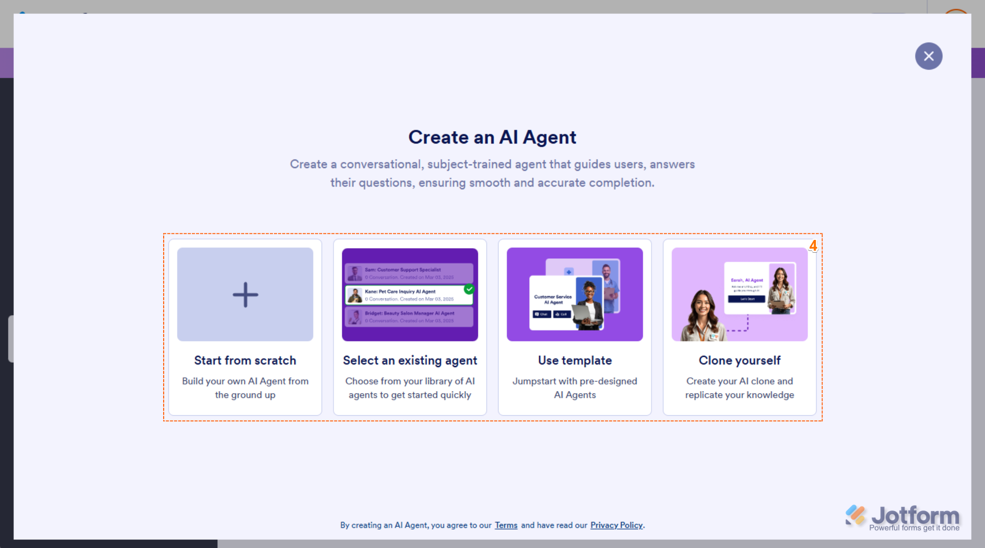 Choosing how to create or add an AI Agent in Jotform App Builder.
