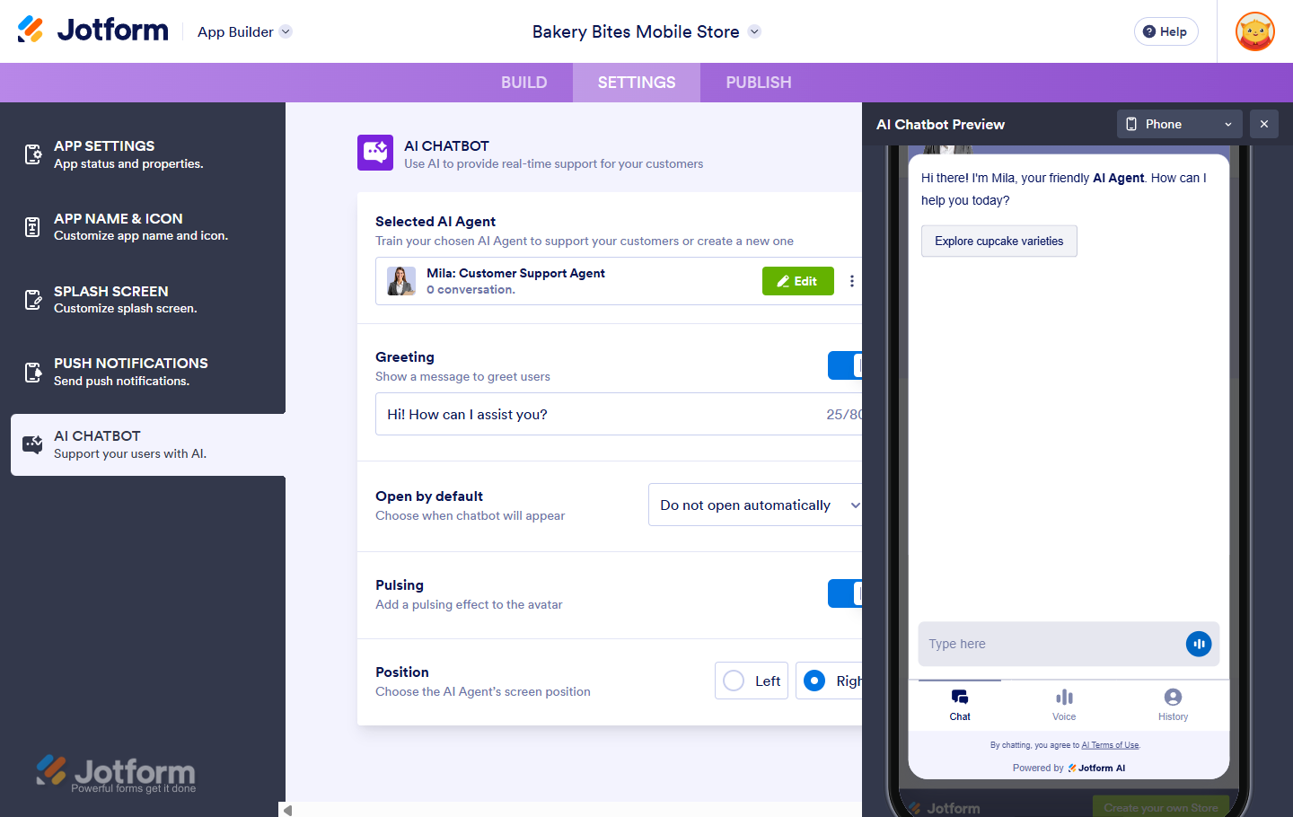 AI Agent chatbot active in preview mode for testing and adjustments in Jotform