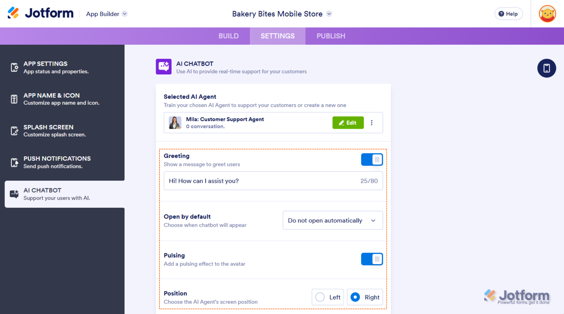 Customizing AI Agent settings like Greetings, Open by Default, Pulsing, and Position in Jotform AI Chatbot Settings