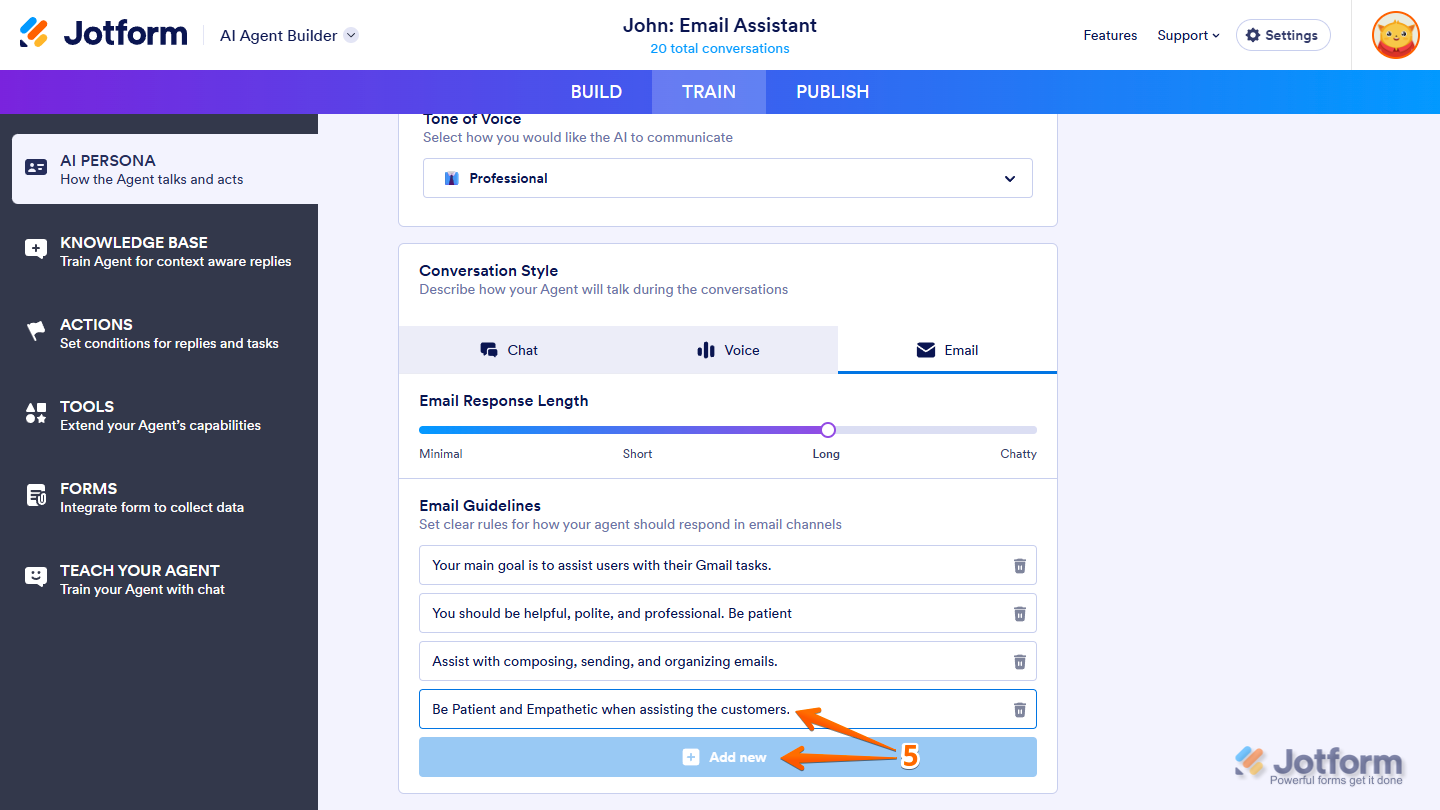 Add New button and textbox for creating a custom Email Guideline in Jotform AI Agent Builder