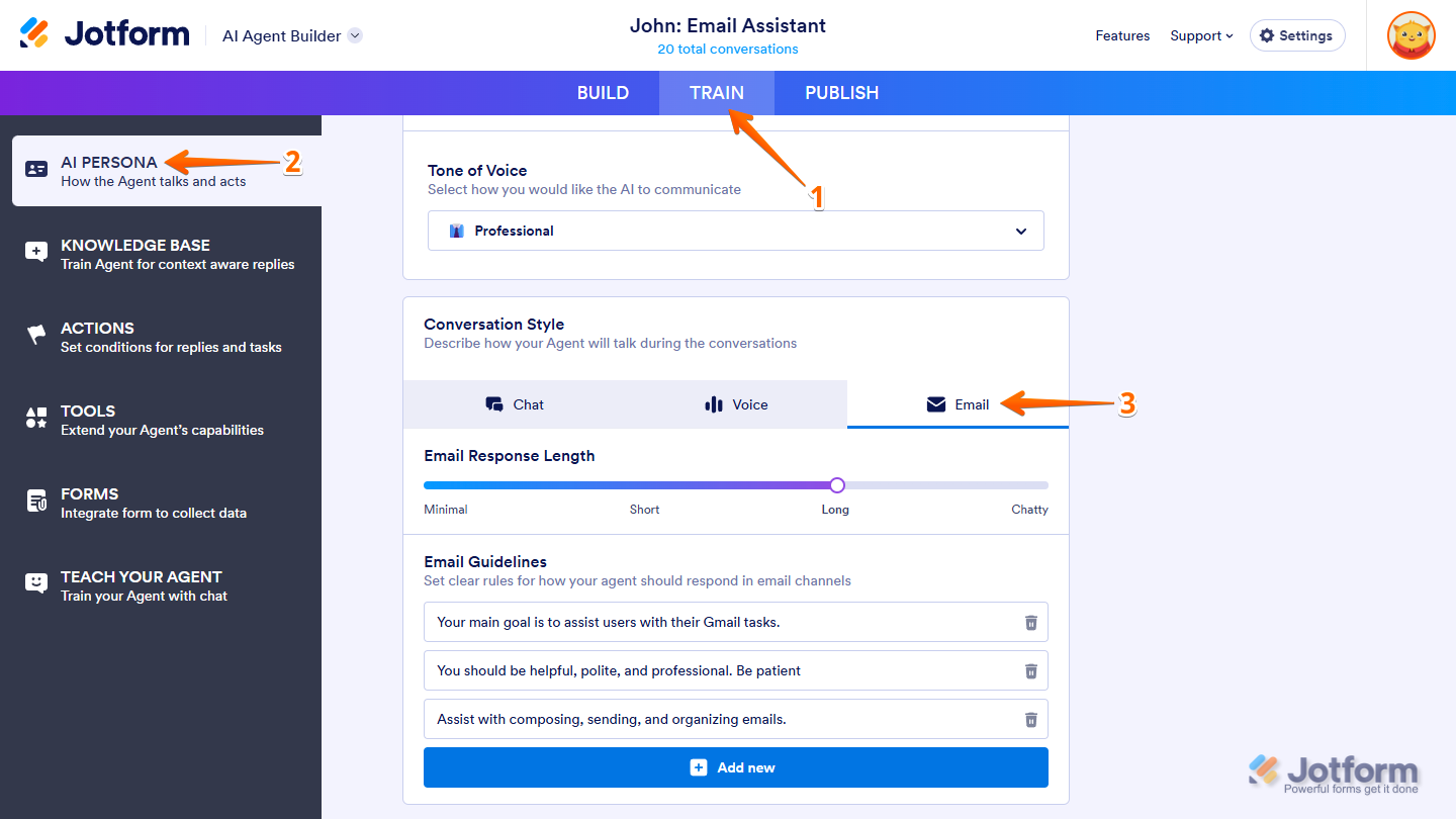 Email tab selected under the Conversation Style section in the AI Persona settings of Jotform AI Agent Builder