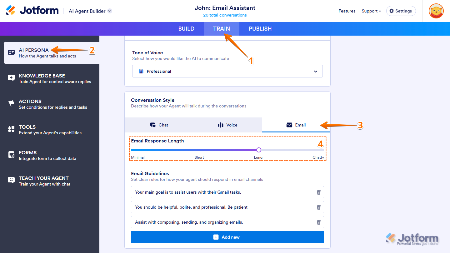 Email Response Length settings in the AI Persona tab, showing Minimalist, Short, Long, and Chatty options in Jotform AI Agent Builder