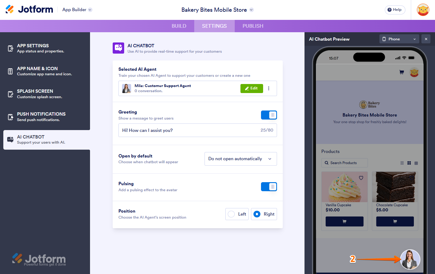 Clicking the AI Agent Chatbot icon in the AI Chatbot Preview window in Jotform