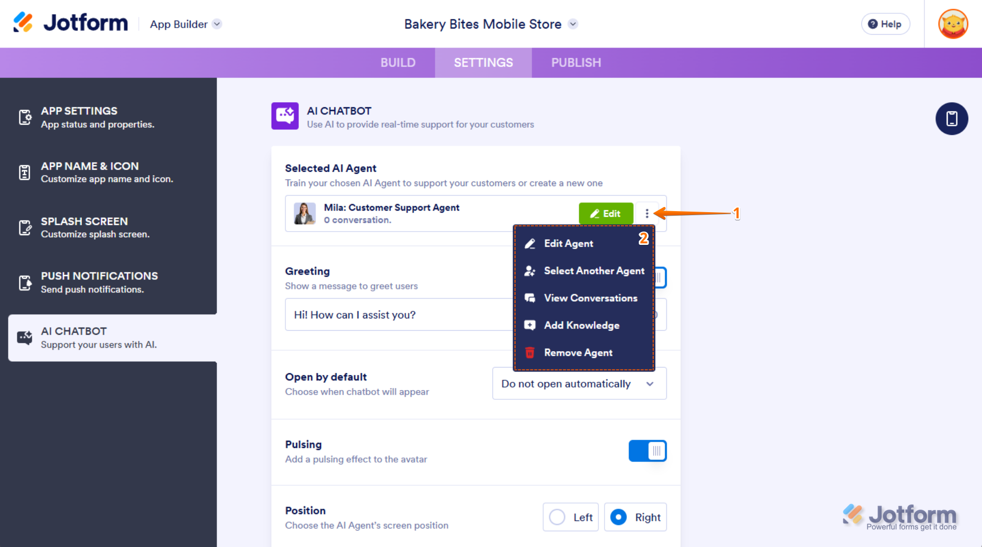 Customizing AI Agent settings like Greetings, Open by Default, Pulsing, and Position in Jotform AI Chatbot Settings