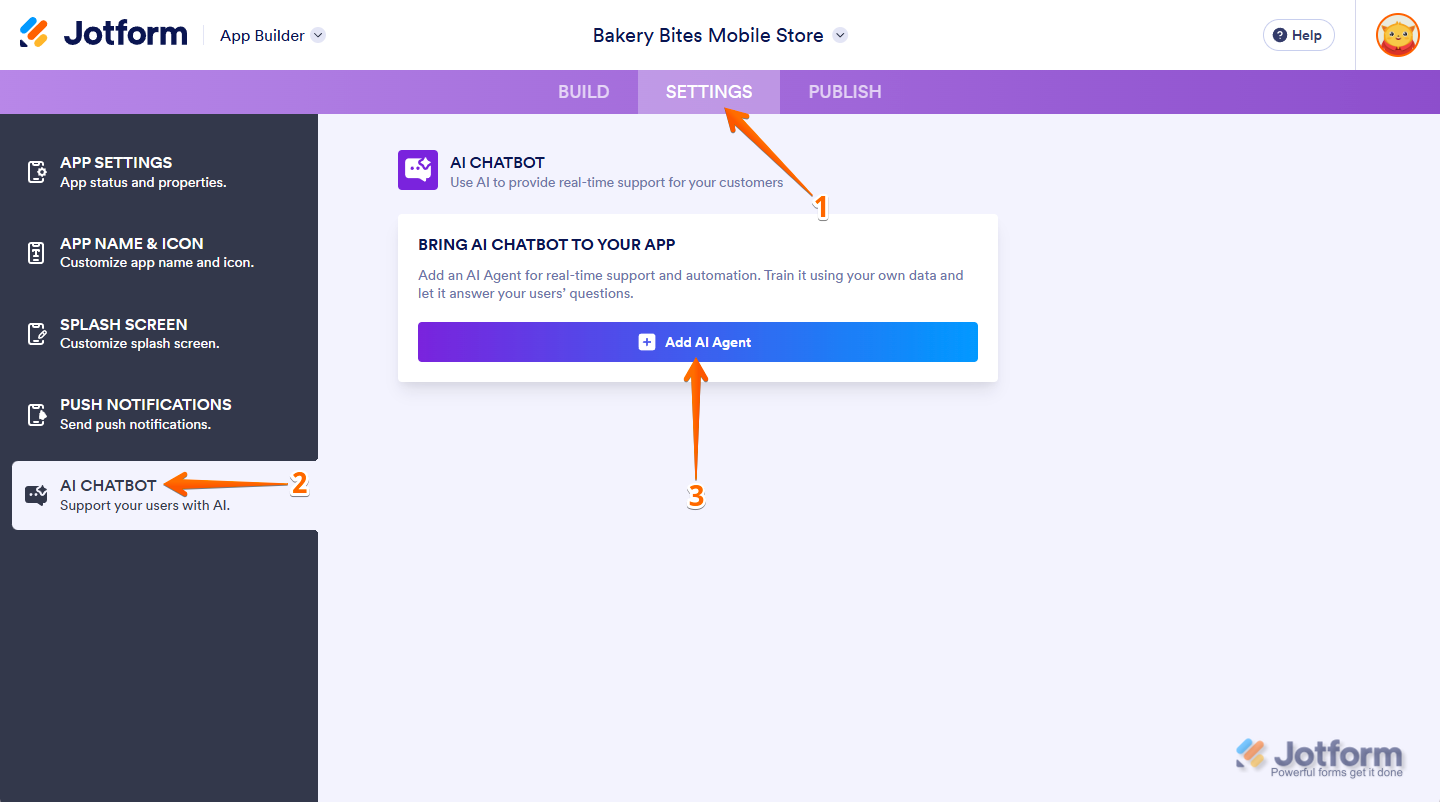 Clicking Add AI Agent in the AI Chatbot settings of Jotform App Builder