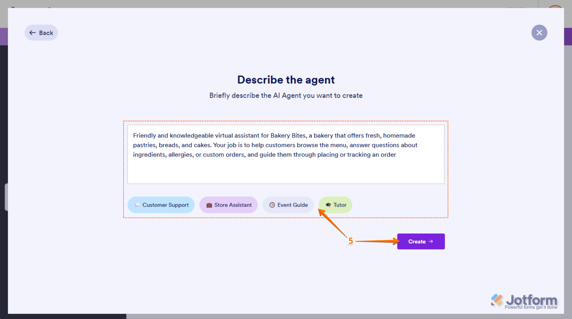 Entering a description for a new AI Agent on the Describe the Agent page in Jotform