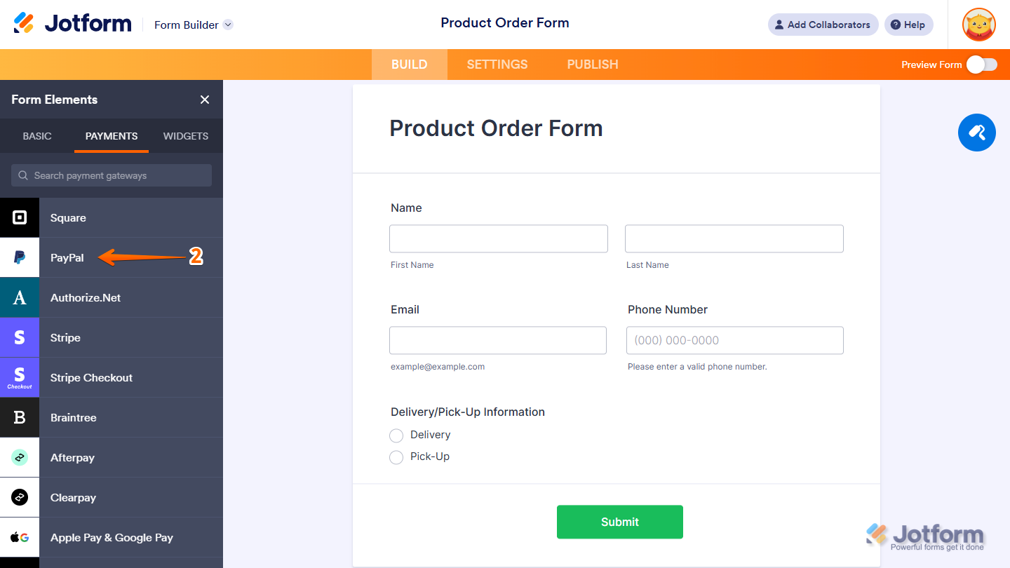 Clicking PayPal under the Payments tab in the Form Elements menu to add it to a form in Jotform