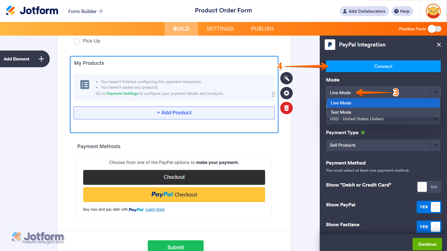 Selecting Live or Test Mode and connecting a PayPal account in the PayPal Integration settings in Jotform