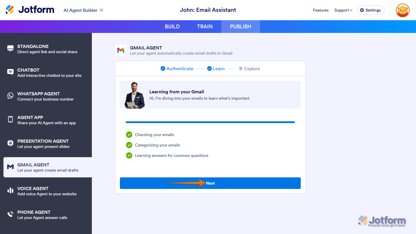 Gmail Agent connected and ready to learn from past emails in Jotform
