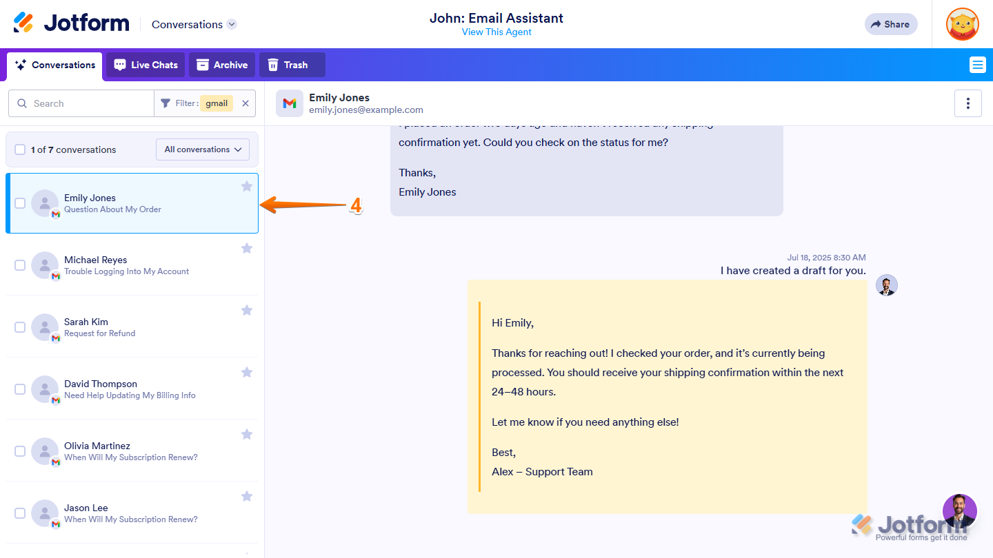 Selecting a conversation from the Gmail Agent on the Conversations page in Jotform