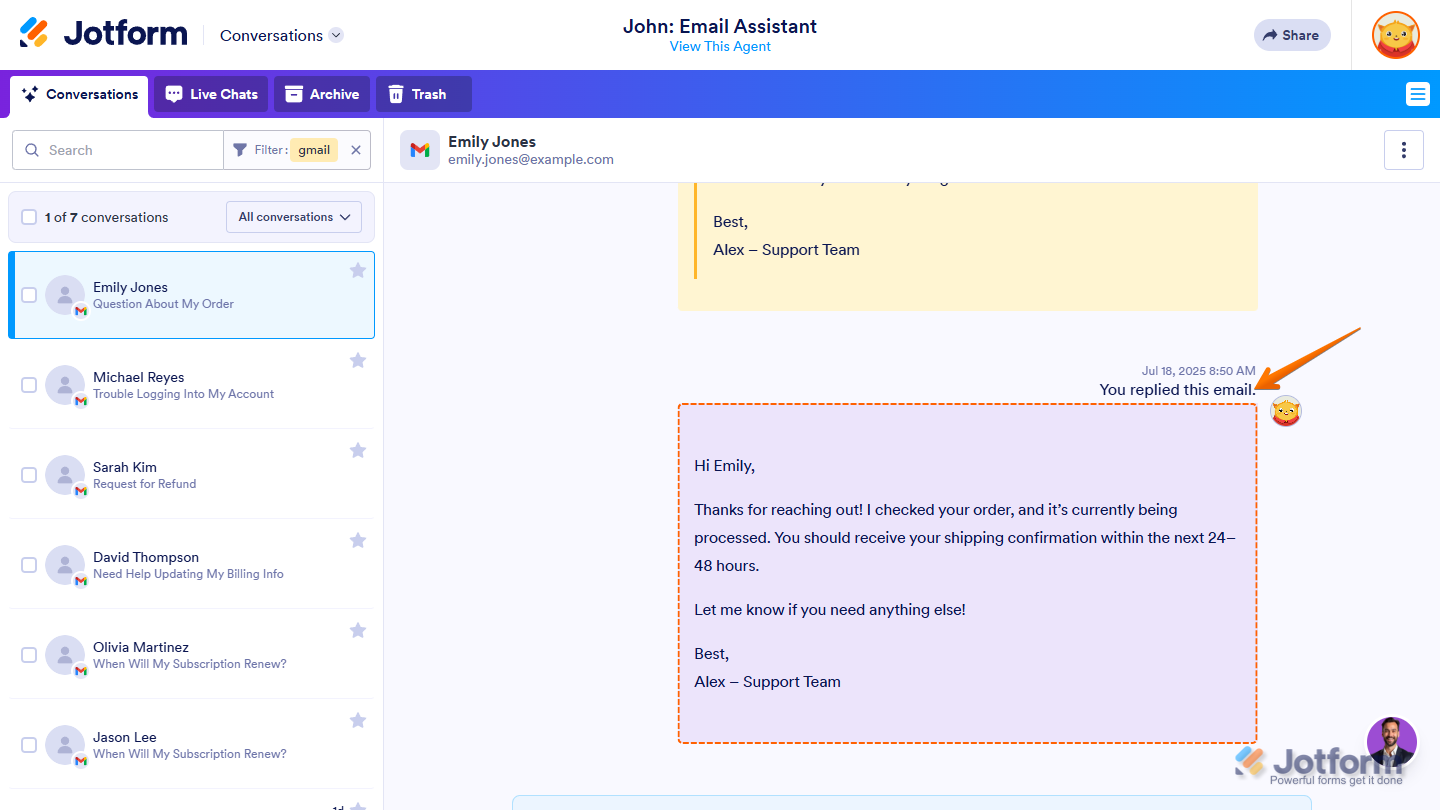 Sent reply labeled as “You replied this email” on the Conversations page in Jotform