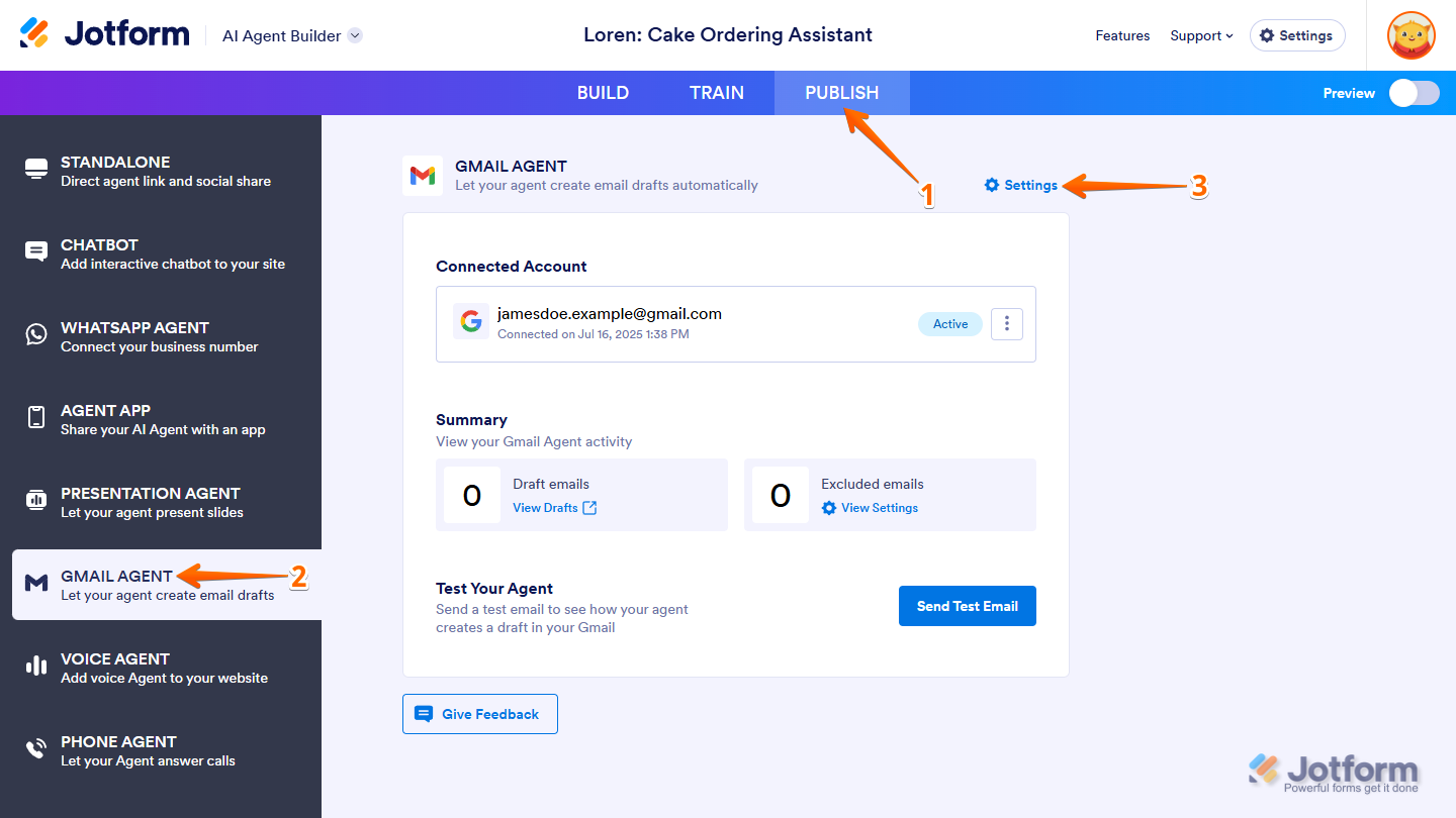 Settings button in the Gmail Agent section of the Publish tab in Jotform AI Agent Builder