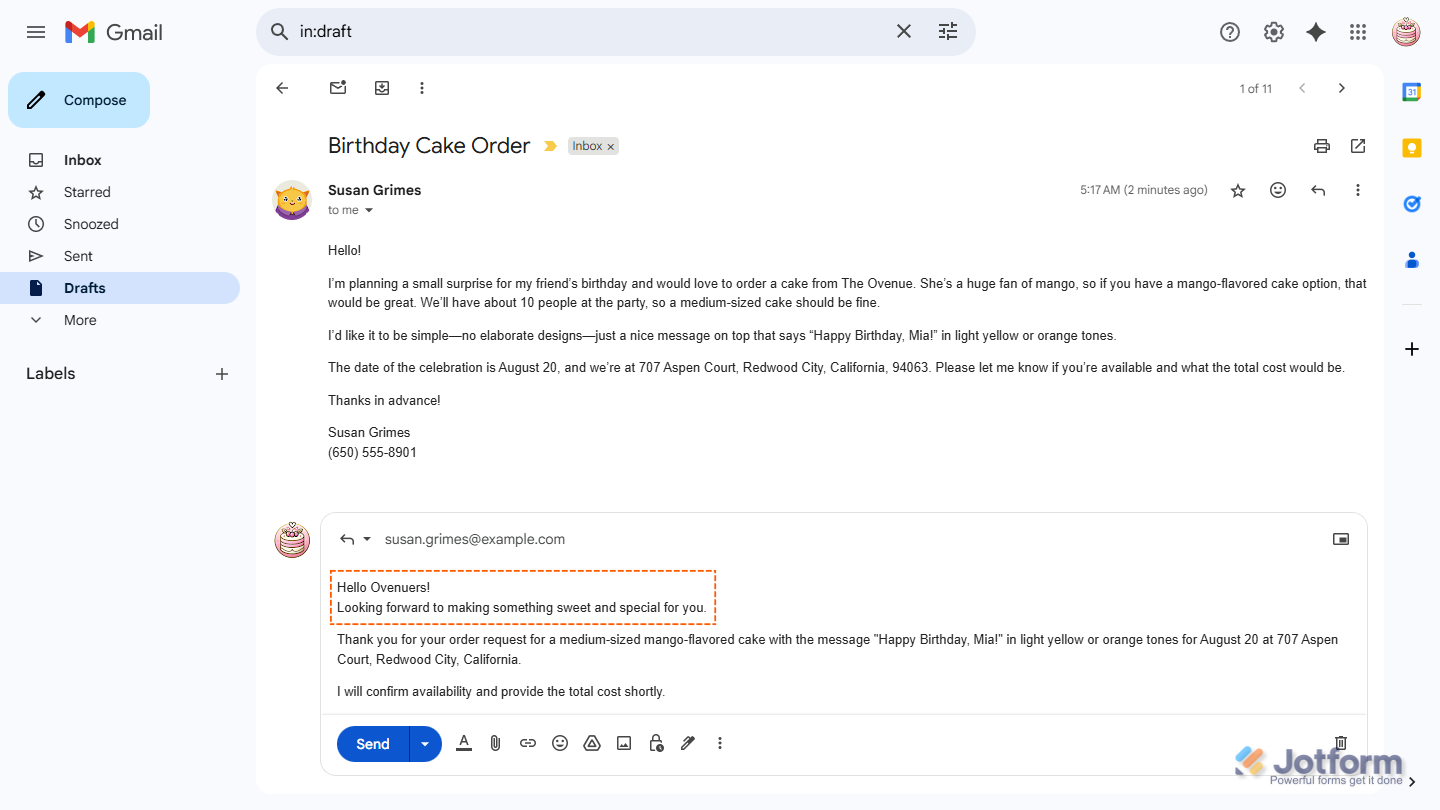Sample of a custom greeting message of a Gmail Agent draft in Gmail