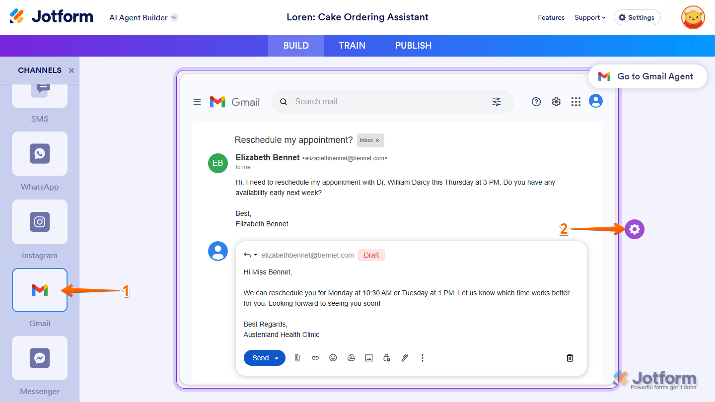 Gear icon on the right side of the example email draft in the Gmail channel section of the Build tab in Jotform AI Agent Builder