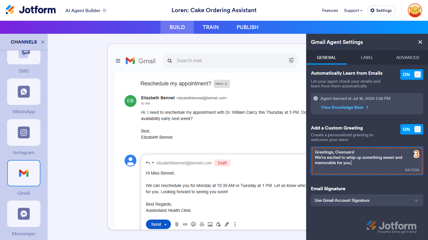 Add a Custom Greeting toggle switch and text box under the General tab of the Gmail Agent Settings of the Build tab in Jotform AI Agent Builder