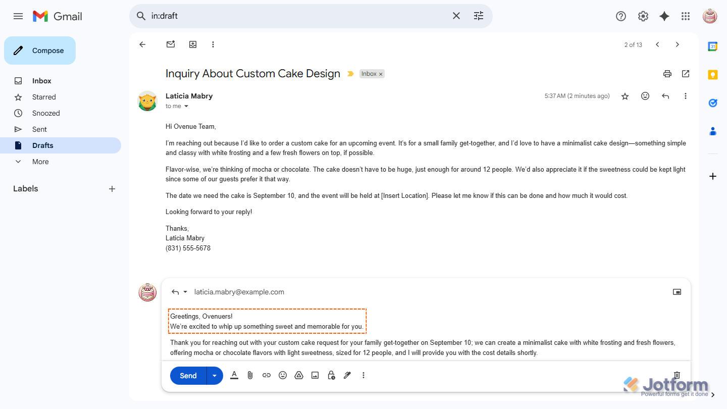 Updated custom greeting message of a Gmail Agent draft in Gmail