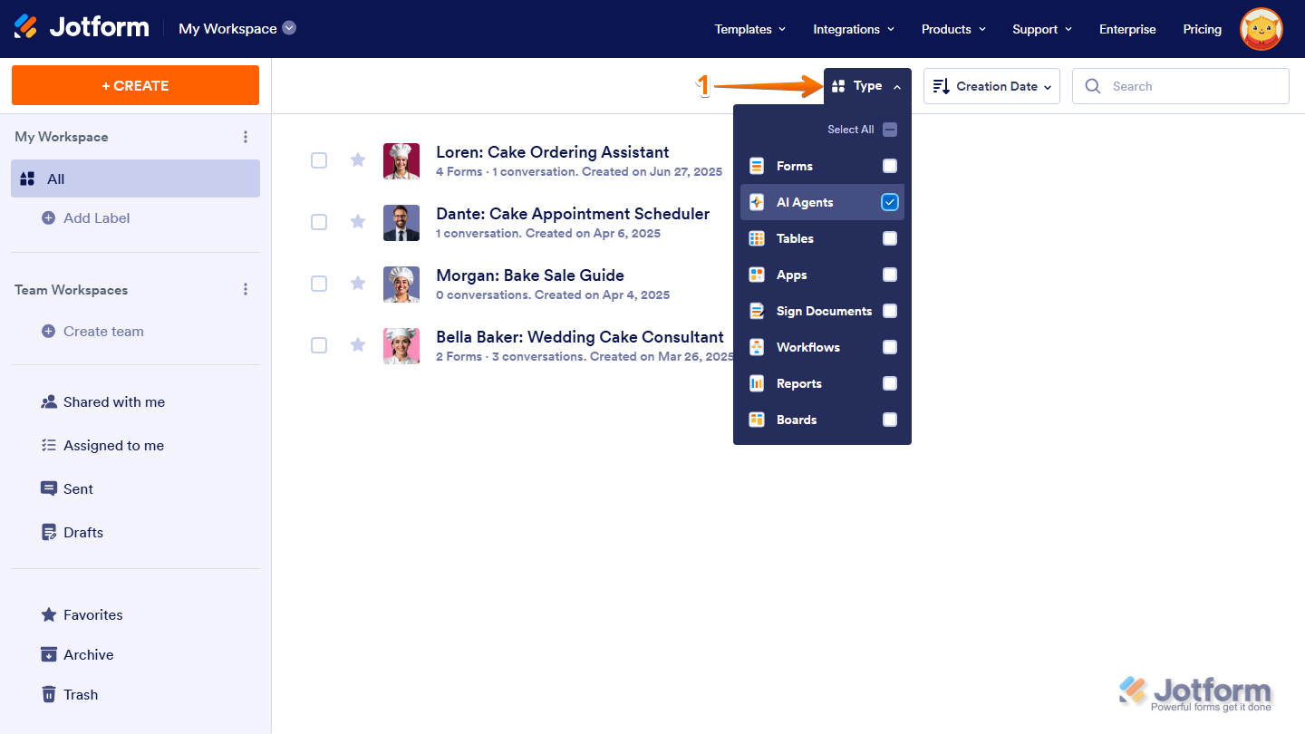AI Agents option checked in the Type dropdown menu on the Jotform My Workspace page