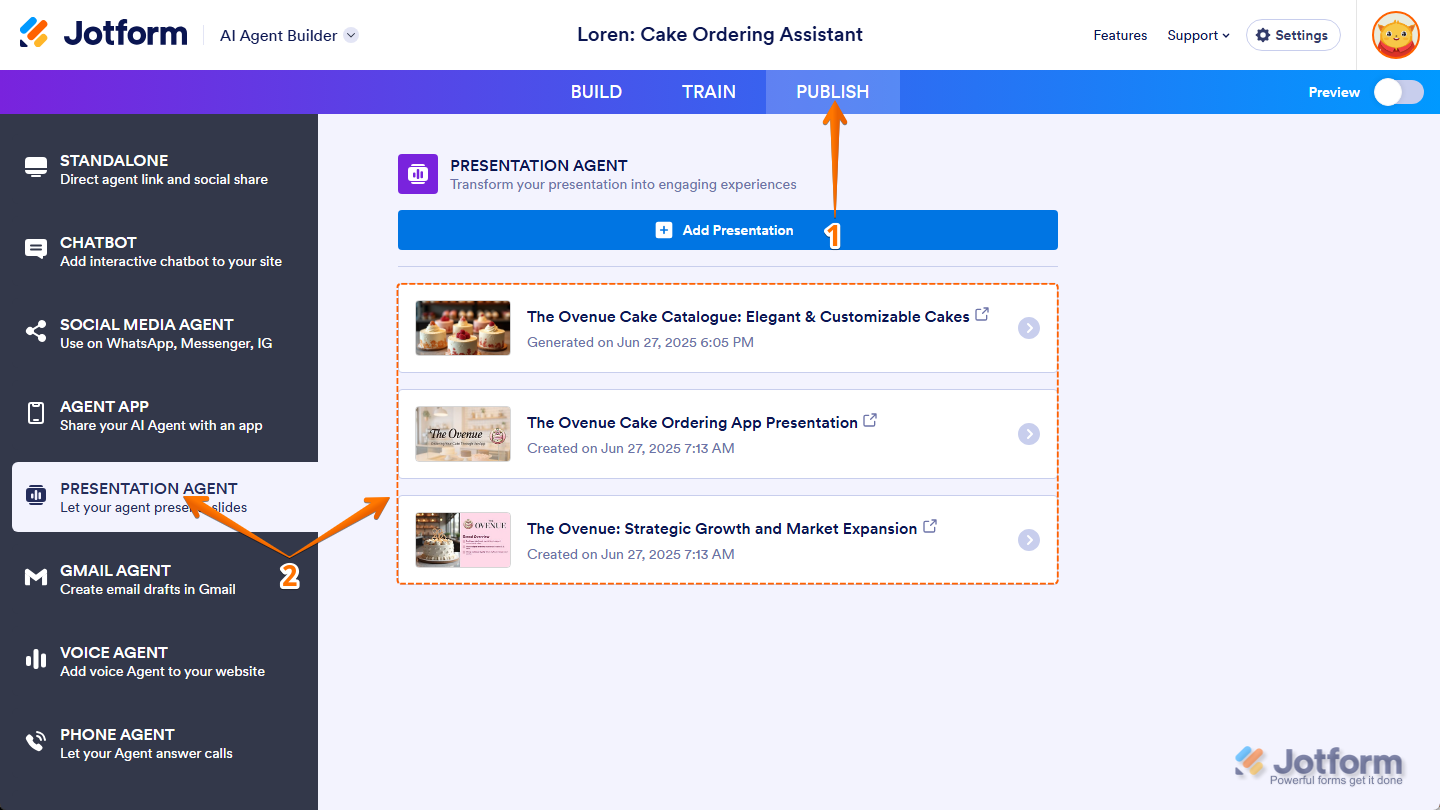 List of presentations in the Presentation Agent section of the Jotform AI Agent Builder Publish tab