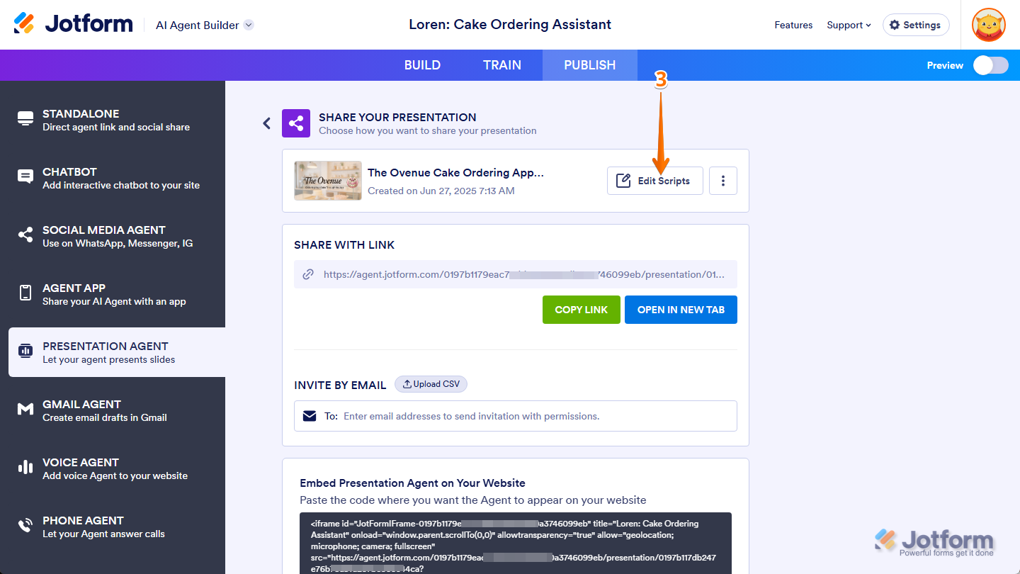 Edit Scripts button in the Share Your Presentation section of the Presentation Agent tab in Jotform AI Agent Builder Publish tab