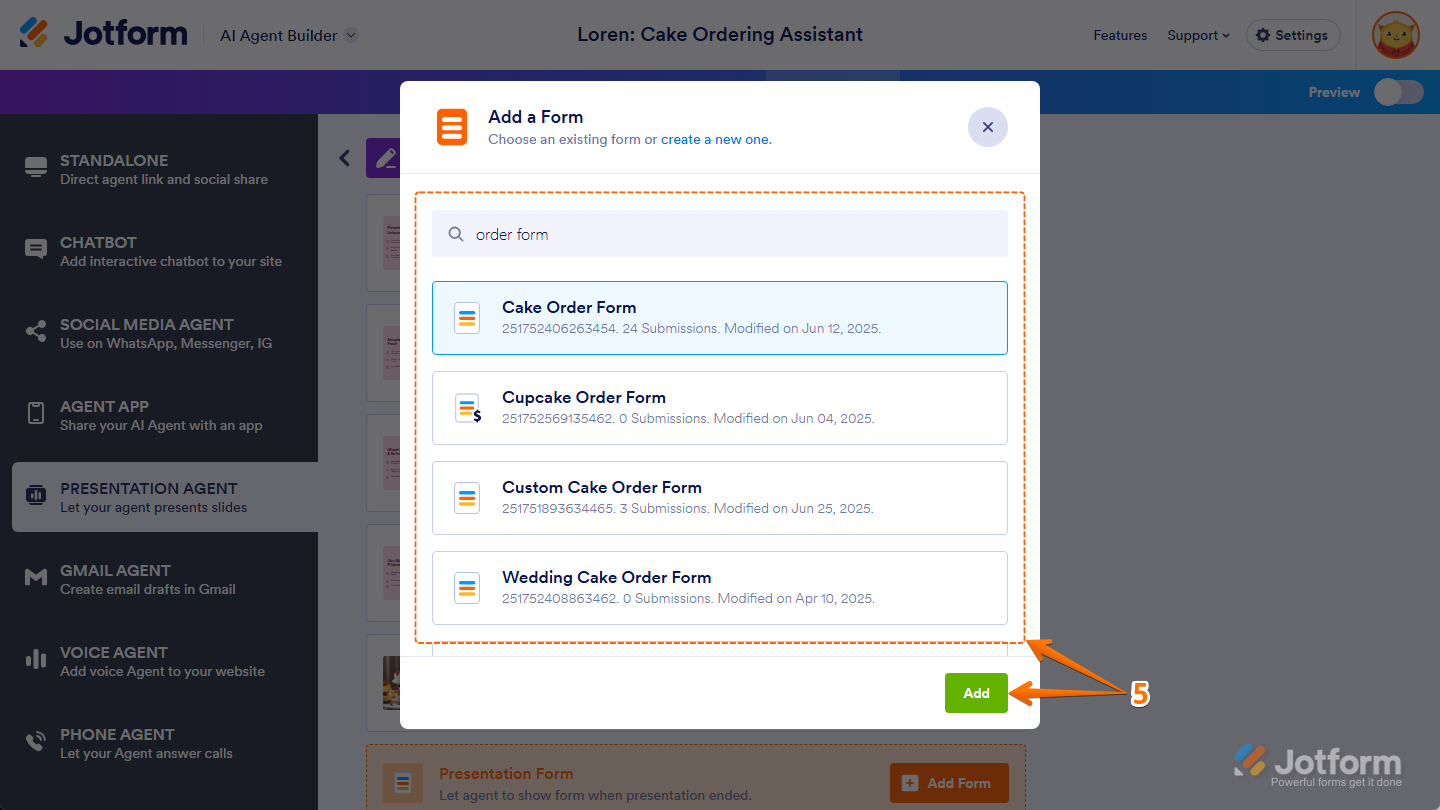 Forms list and Add button of the Add a Form window in the Edit Your Presentation section of the Presentation Agent tab in Jotform AI Agent Builder Publish tab