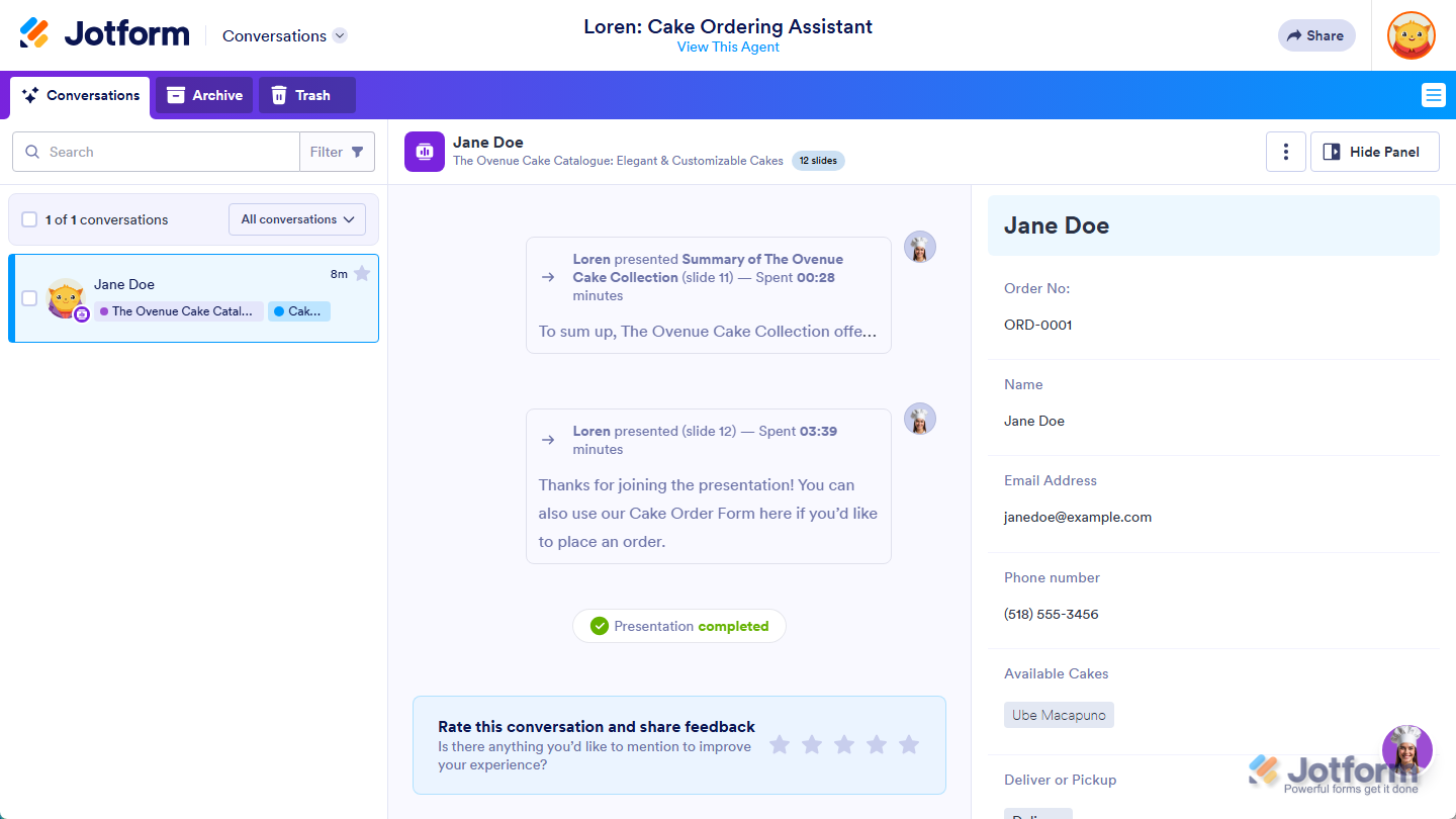 Submission details from a form submitted within a Presentation Agent in Jotform AI Agent Conversations page