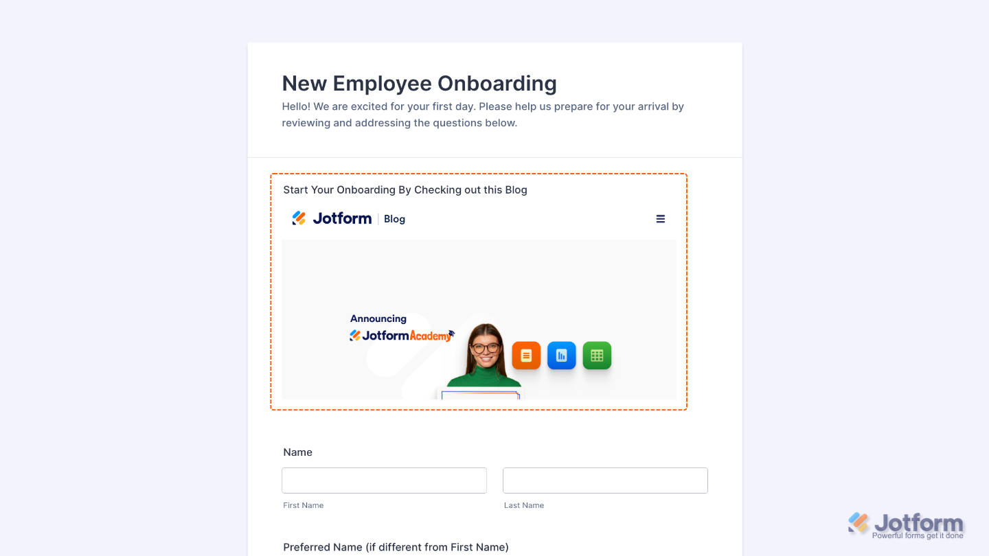 Demo form displaying an embedded webpage using the Iframe Embed widget after setup is completed