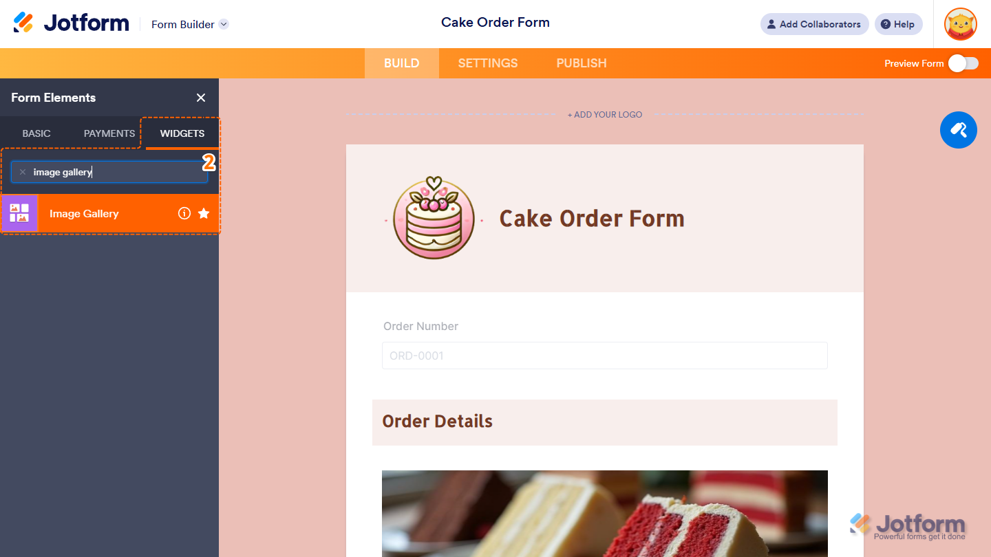 Image Gallery widget under the Widgets tab of the Form Elements menu in Jotform Form Builder