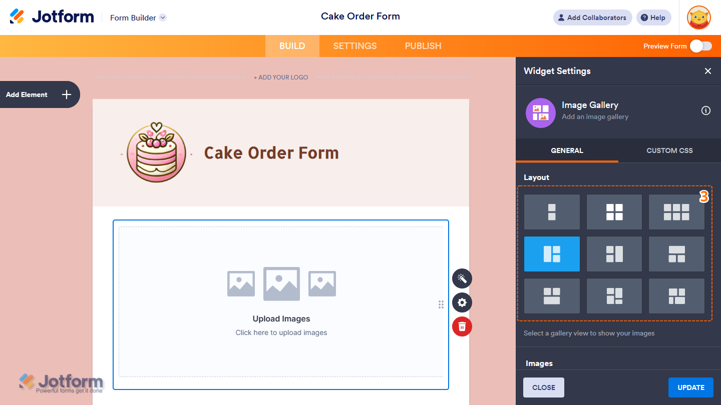 Layout setting in the Widget Settings window of the Image Gallery widget in Jotform Form Builder