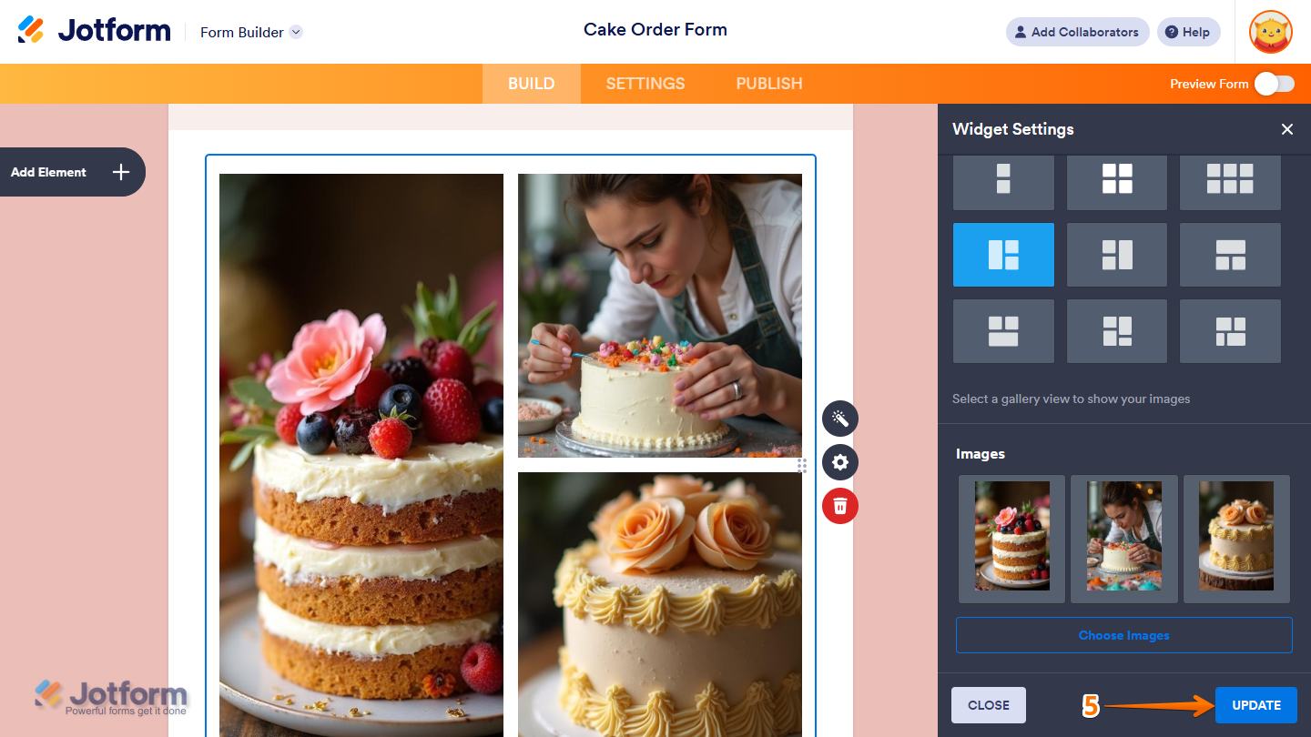 Update button in the Widget Settings window of the Image Gallery widget in Jotform Form Builder