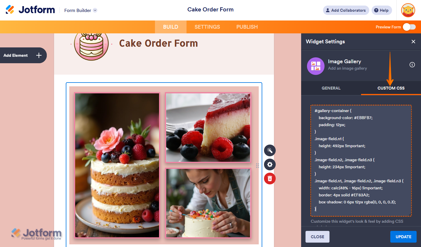Custom CSS tab in the Widget Settings window of the Image Gallery widget in Jotform Form Builder