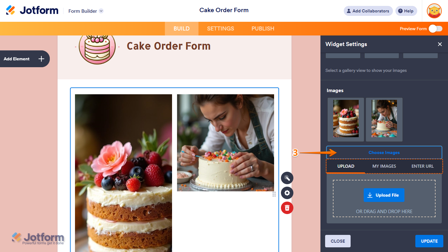 Choose Images button of the Images section in the Widget Settings window of the Image Gallery widget in Jotform Form Builder