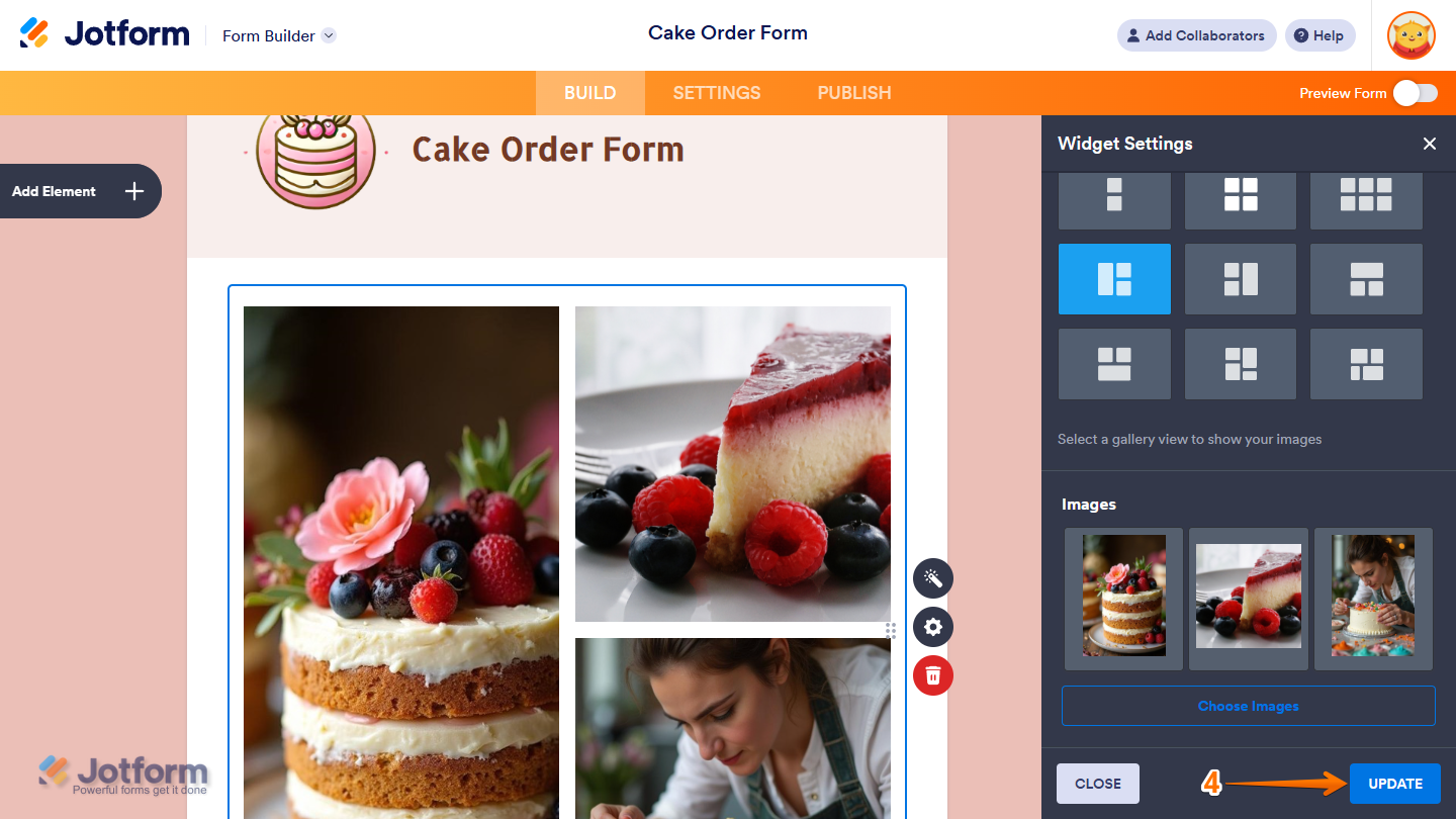 Update button in the Widget Settings window of the Image Gallery widget in Jotform Form Builder