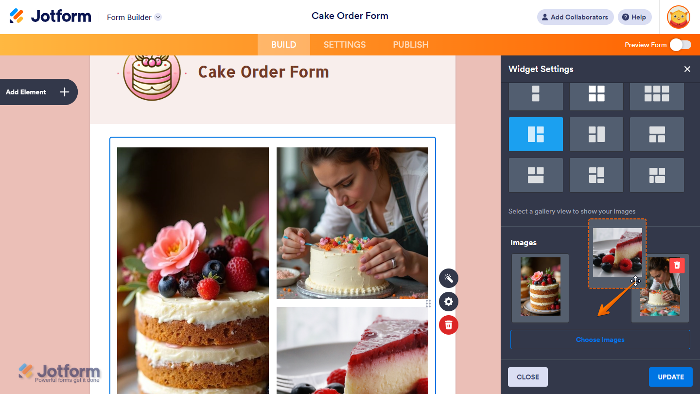 Drag and drop image feature of the Images section in the Widget Settings window of the Image Gallery widget in Jotform Form Builder