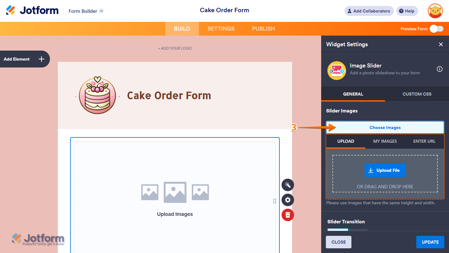 Images setting in the Widget Settings window of the Image Slider widget in Jotform Form Builder