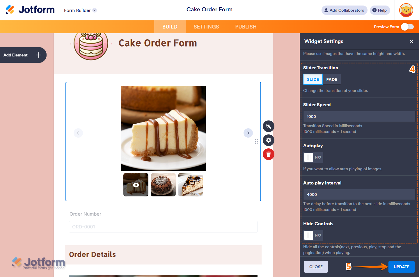 Optional settings in the Widget Settings window of the Image Gallery widget in Jotform Form Builder