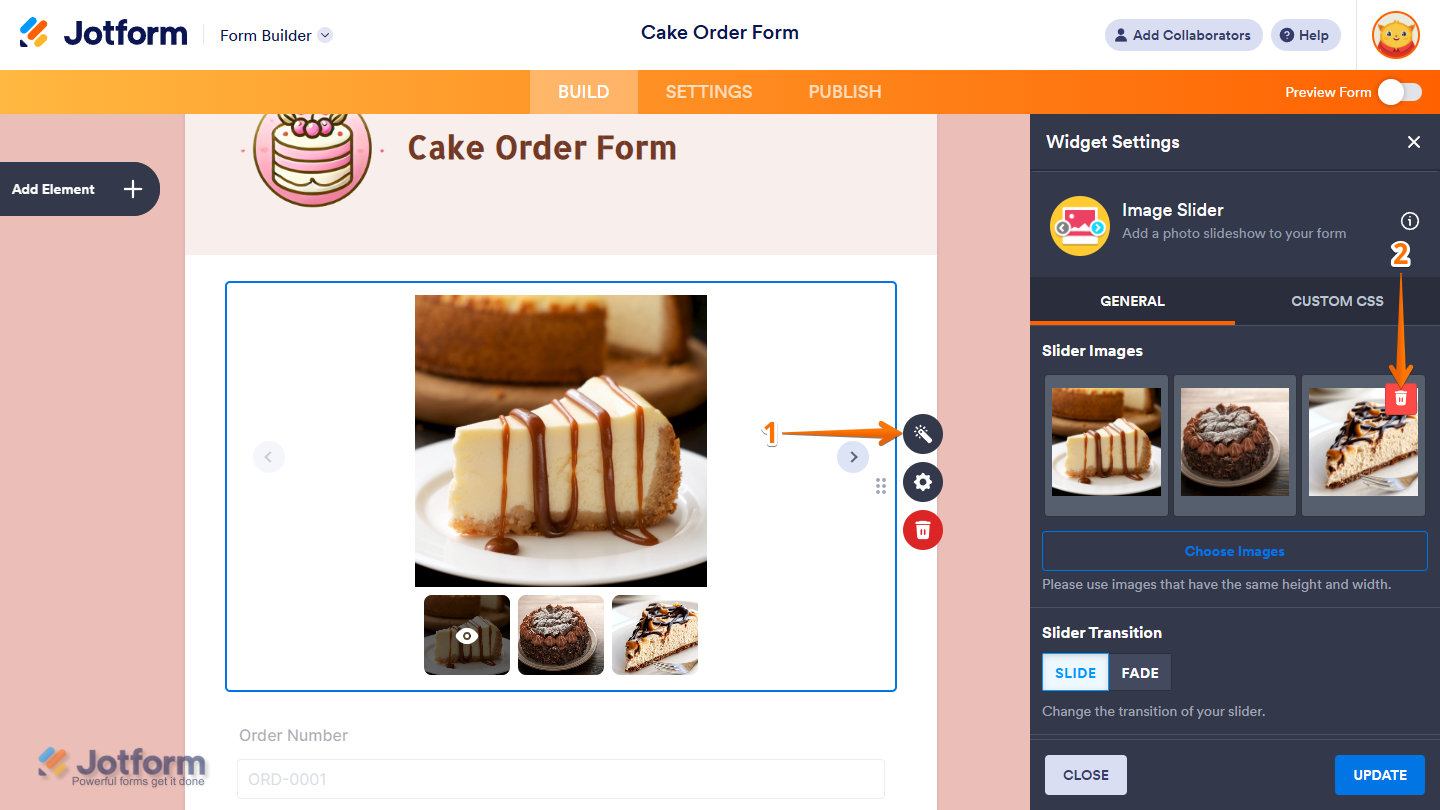 Delete Image button of the Images section in the Widget Settings window of the Image Slider widget in Jotform Form Builder