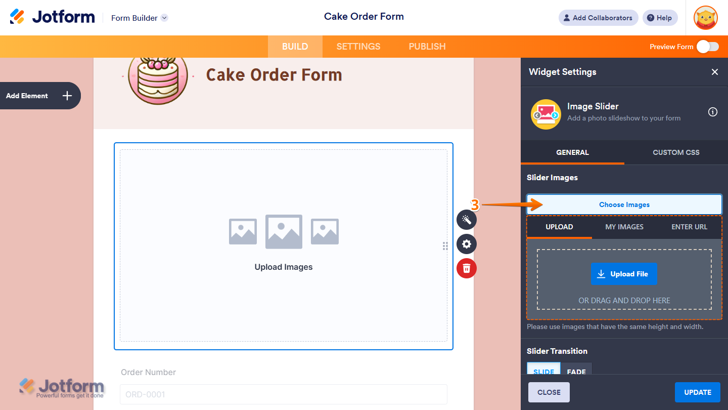 Choose Images button of the Images section in the Widget Settings window of the Image Slider widget in Jotform Form Builder