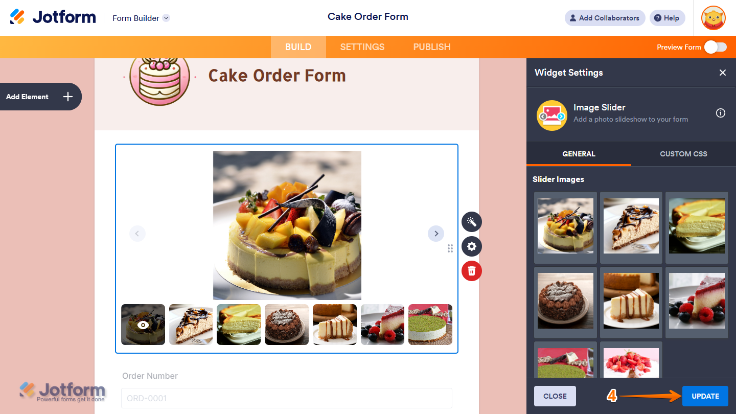 Update button in the Widget Settings window of the Image Slider widget in Jotform Form Builder
