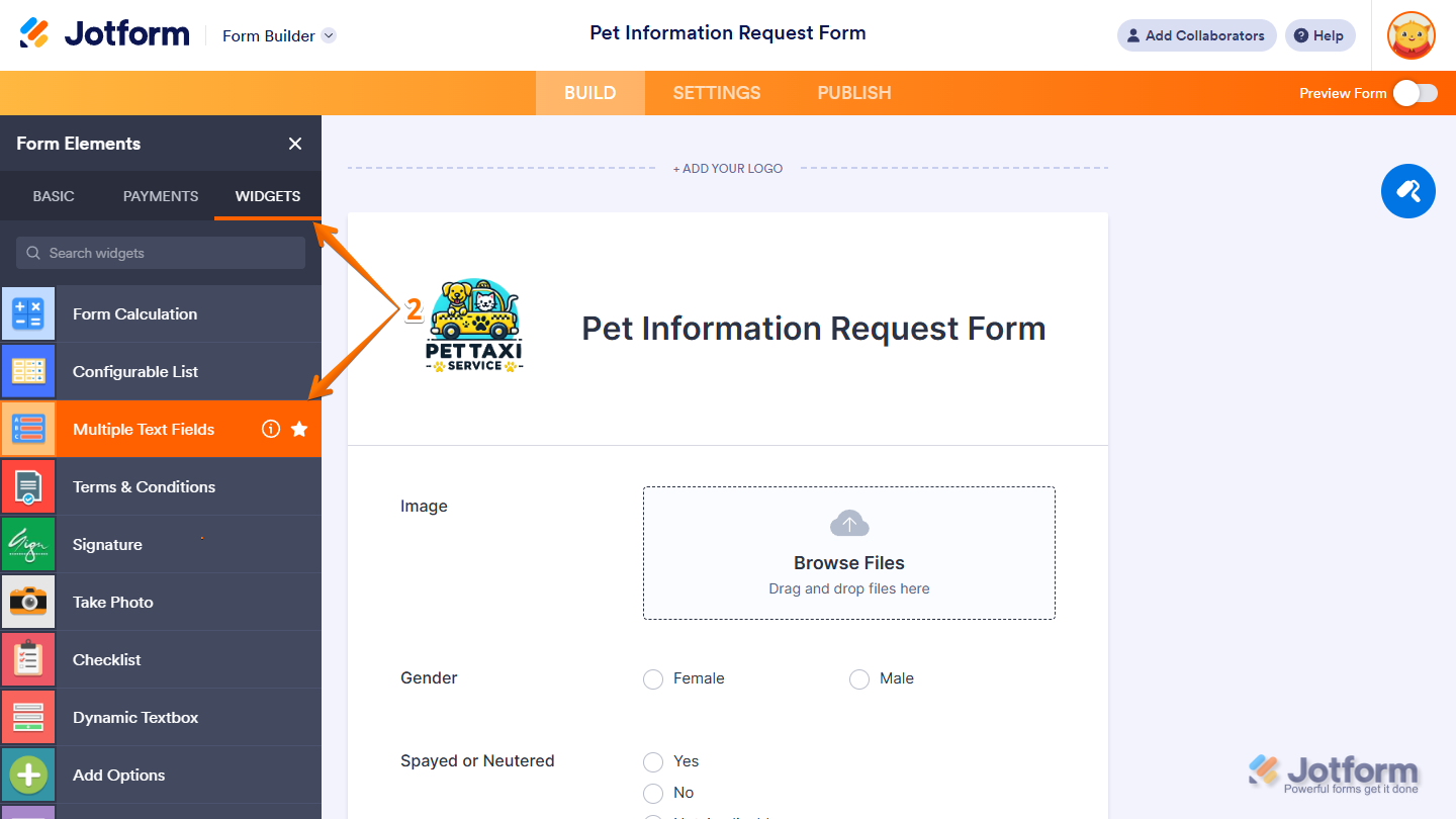 Multiple Text Fields widget under the Widgets tab of the Form Elements menu in Jotform Form Builder